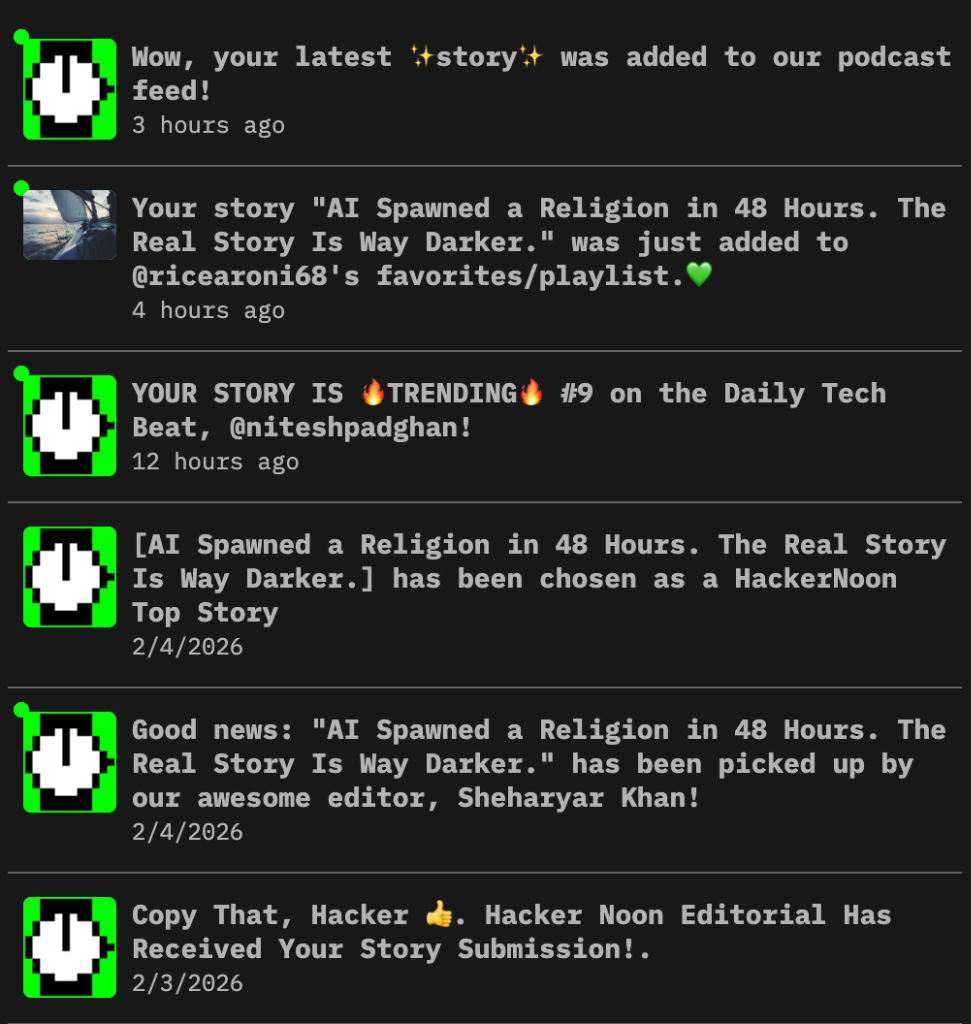 HackerNoon notifications showing Top Story selection